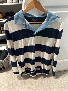 J. Crew Navy & Cream Striped Rugby Shirt with Light Blue Collar